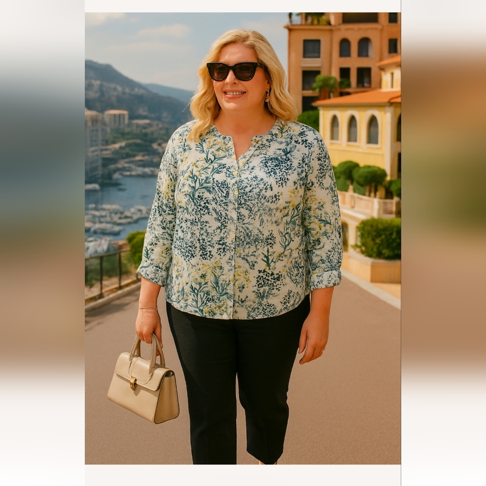 Cynthia Rowley Blue and White Floral Linen Button Down Shirt